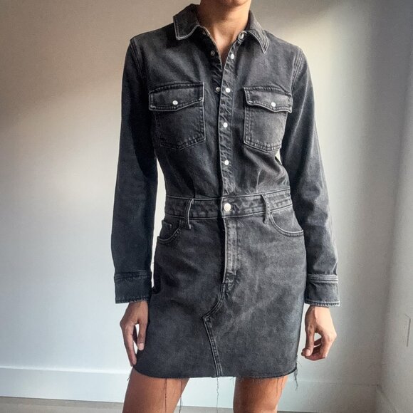 Express Washed Black Denim Button- Front Dress Sz Small - Picture 1 of 7
